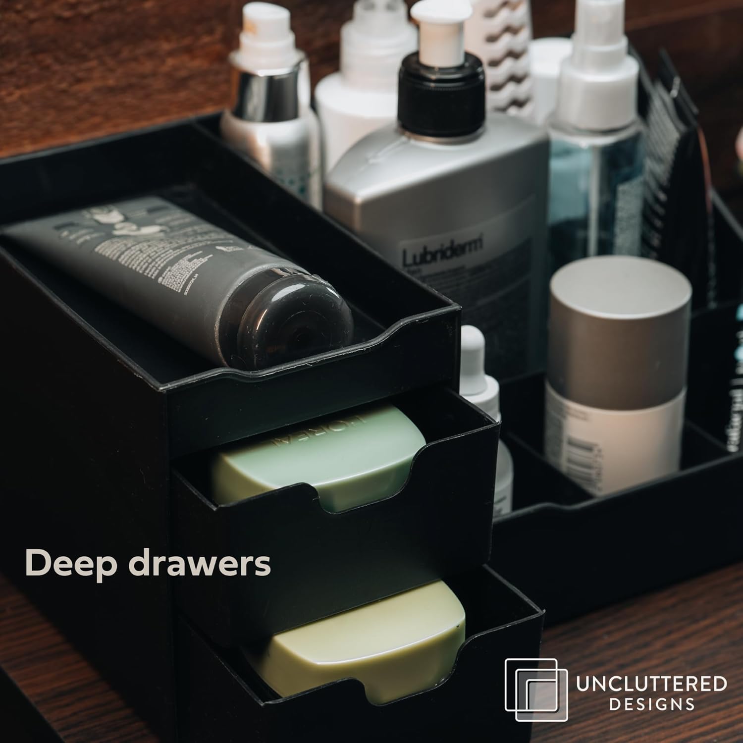 Uncluttered Designs Large Black Vanity Organizer - Countertop Mens Organizer With Drawers for Cologne, Deodorant, Beard, Shaving Lotion, Perfume & Skincare - Perfect for Bathroom & Bedroom Storage - Image 5