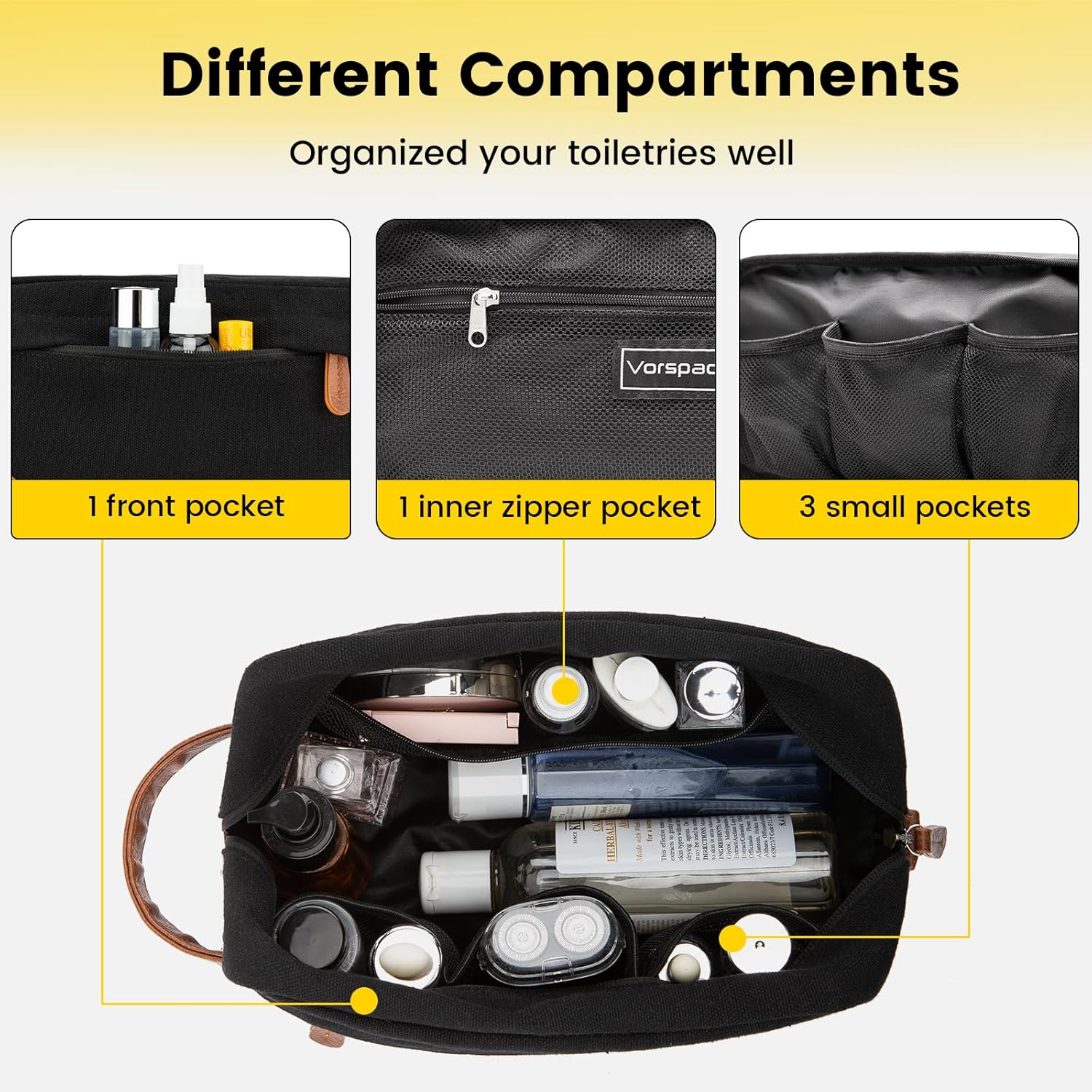 Vorspack Travel Toiletry Bag - Hanging Toiletry Bag for Men Water Resistant Canvas Shaving Bag with Large Capacity for Travel - Black - Image 3